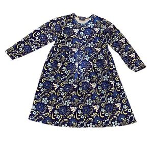 Vintage Rugged Bear Girls Size 7 Floral Blue Green Print Long Sleeve‎ Dress EUC